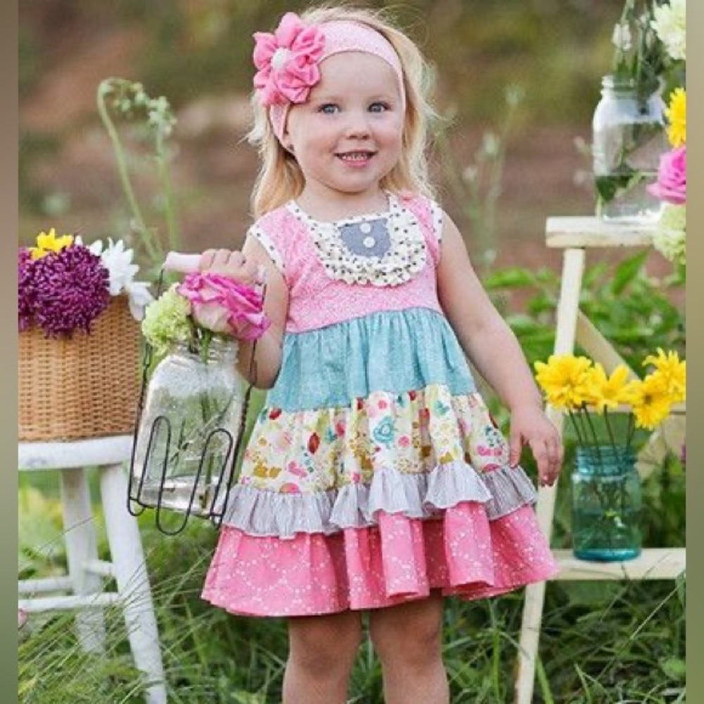 Giggle Moon Floral Flare Dress + Matching Headband Set 🧒🌸 Infant & 6 Months
